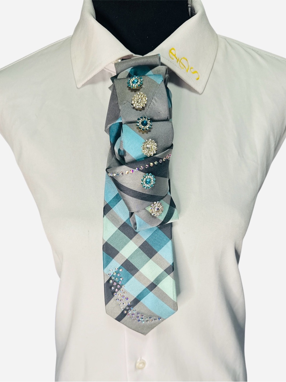 Express Women's Aqua and Gray Necktie with Floral Crystal Design